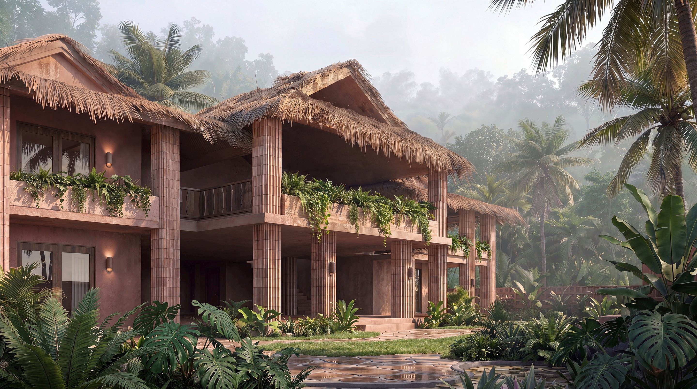 Concept rendering of Humano Hotel, a Taino Builds project in progress near Dominical, Costa Rica: two-story jungle hotel with palm-thatch roofs, terracotta-toned microcement walls, fluted columns and planted terraces in the rainforest